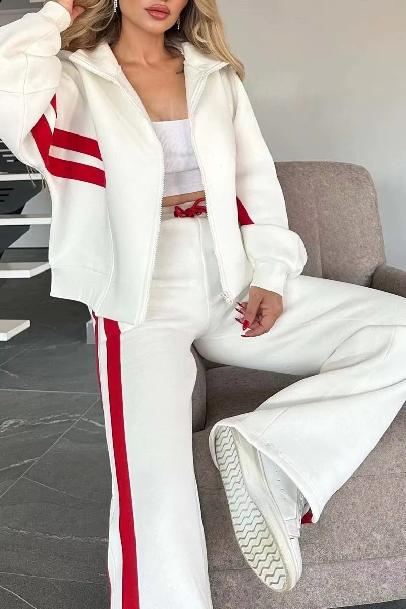 Completo Donna Sportivo con Felpa con Cappuccio e Pantaloni a Gamba Larga – Righe a Contrasto e Comfort – Federica