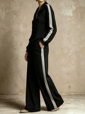 Completo Donna a Coste con Pullover Mezza Zip e Pantaloni Palazzo – Righe a Contrasto e Comfort – Greta