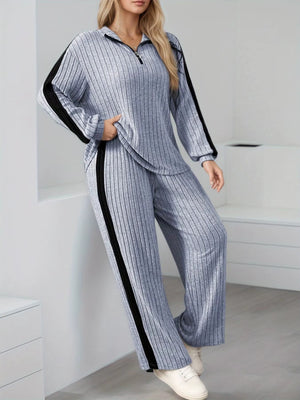 Completo Donna a Coste con Maglia Mezza Zip e Pantaloni a Gamba Larga – Righe Laterali e Comfort – Sabrina