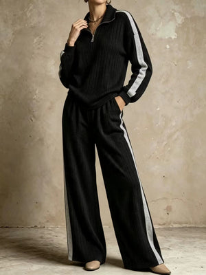 Completo Donna a Coste con Pullover Mezza Zip e Pantaloni Palazzo – Righe a Contrasto e Comfort – Greta