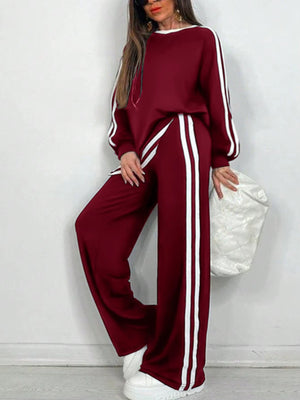 Completo Donna Sportivo con Maglia a Righe e Pantaloni a Gamba Larga – Stile Dinamico e Comfort – Nicole