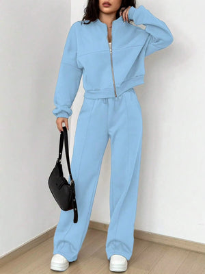 Completo Donna con Giacca con Zip e Pantaloni a Gamba Larga – Comfort e Stile Casual – Alessia