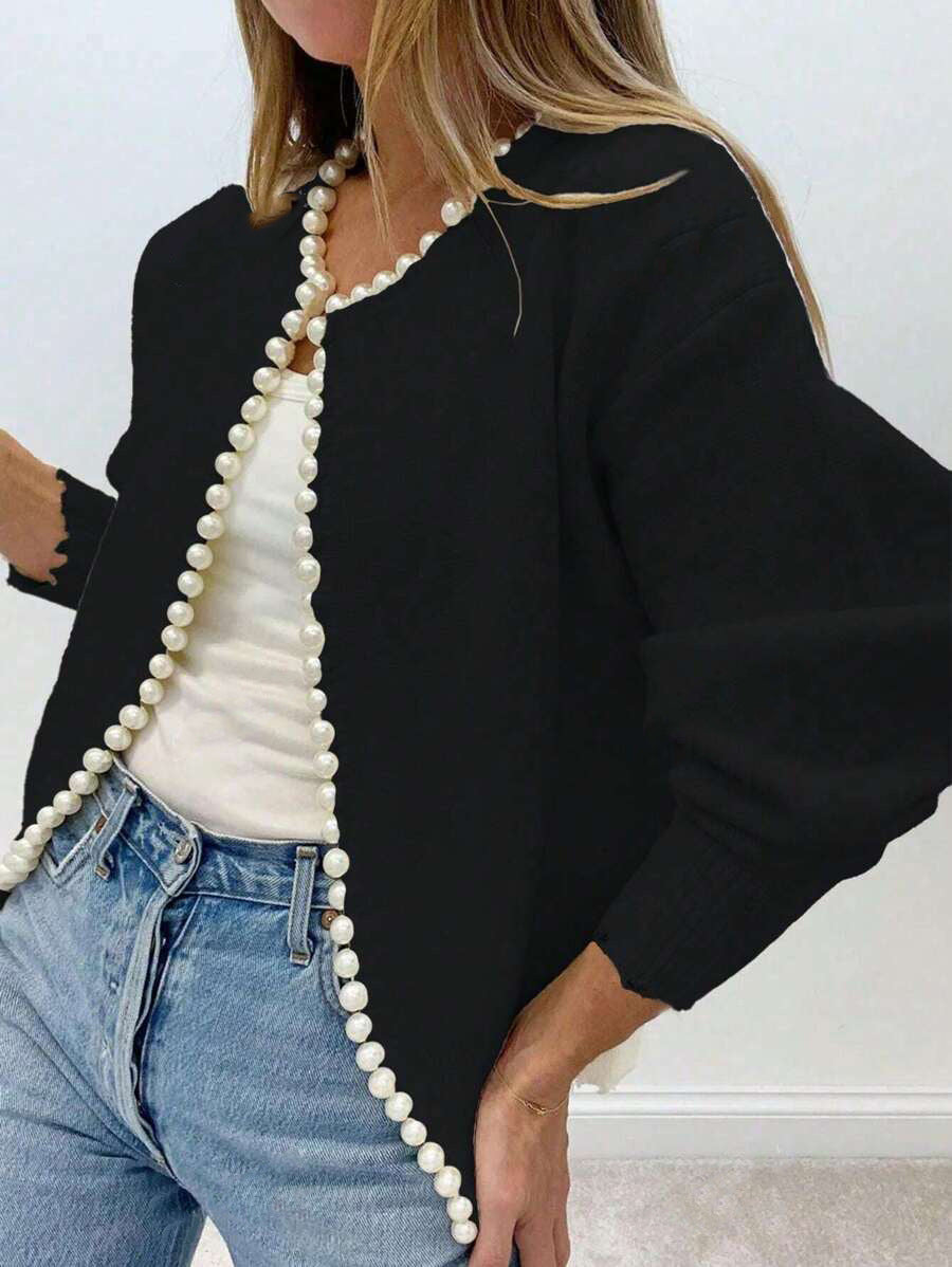 Cardigan Donna Aperto con Bordo di Perle Decorative – Eleganza Romantica – Aurora