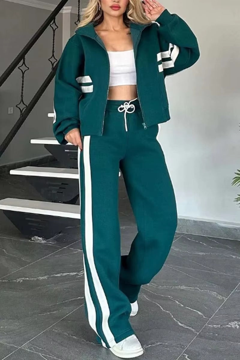 Completo Donna Sportivo con Felpa con Cappuccio e Pantaloni a Gamba Larga – Righe a Contrasto e Comfort – Federica