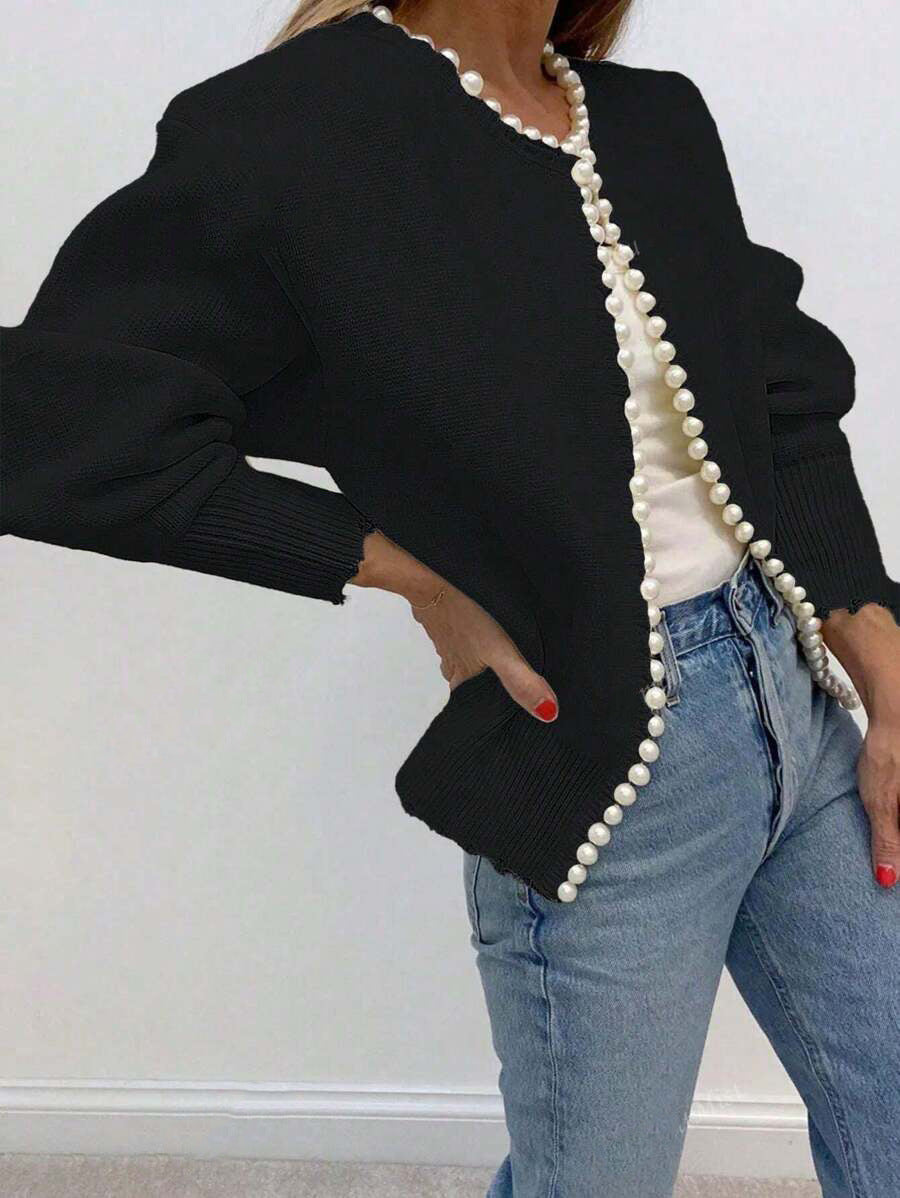 Cardigan Donna Aperto con Bordo di Perle Decorative – Eleganza Romantica – Aurora