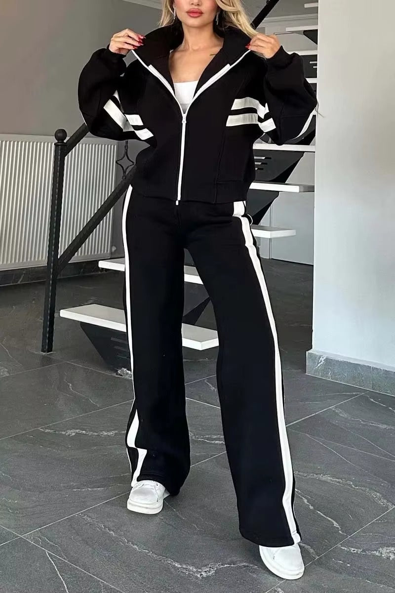 Completo Donna Sportivo con Felpa con Cappuccio e Pantaloni a Gamba Larga – Righe a Contrasto e Comfort – Federica