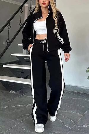 Completo Donna Sportivo con Felpa con Cappuccio e Pantaloni a Gamba Larga – Righe a Contrasto e Comfort – Federica
