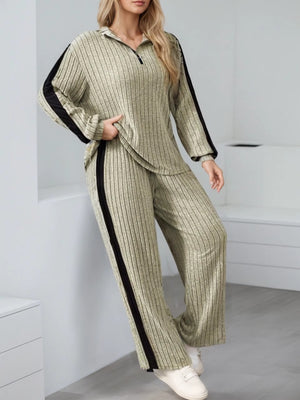 Completo Donna a Coste con Maglia Mezza Zip e Pantaloni a Gamba Larga – Righe Laterali e Comfort – Sabrina