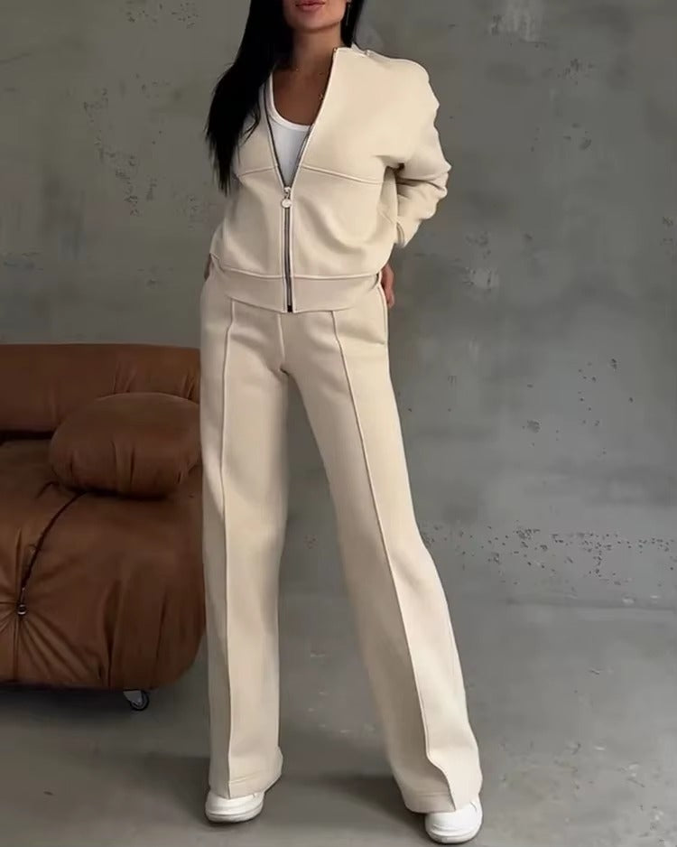 Completo Donna con Giacca con Zip e Pantaloni a Gamba Larga – Comfort e Stile Casual – Alessia