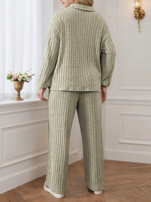 Completo Donna a Coste con Maglia Mezza Zip e Pantaloni a Gamba Larga – Righe Laterali e Comfort – Sabrina