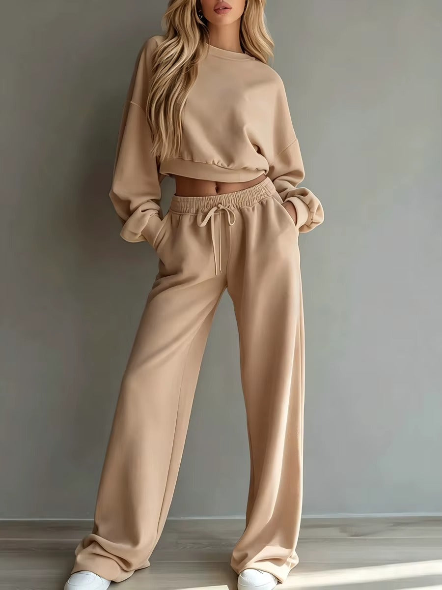 Completo Donna Felpa Crop e Pantaloni a Gamba Larga – Stile Casual e Comfort – Isabella