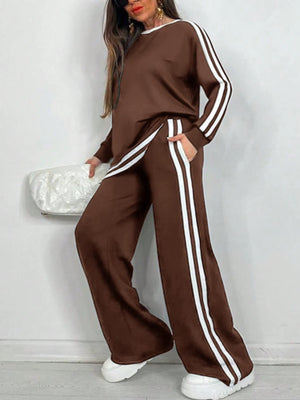 Completo Donna Sportivo con Maglia a Righe e Pantaloni a Gamba Larga – Stile Dinamico e Comfort – Nicole
