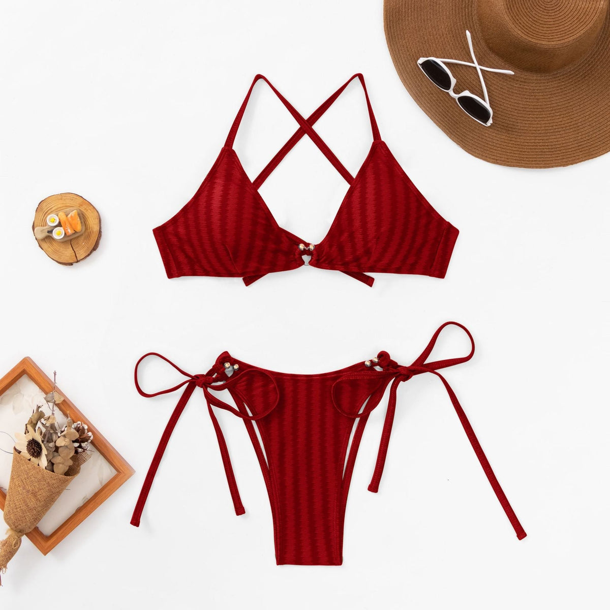 Bikini Triangolo a Laccio con Stampa a Righe