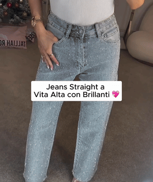 Jeans Donna Straight Vita Alta con Brillanti Elegante Leela Moda