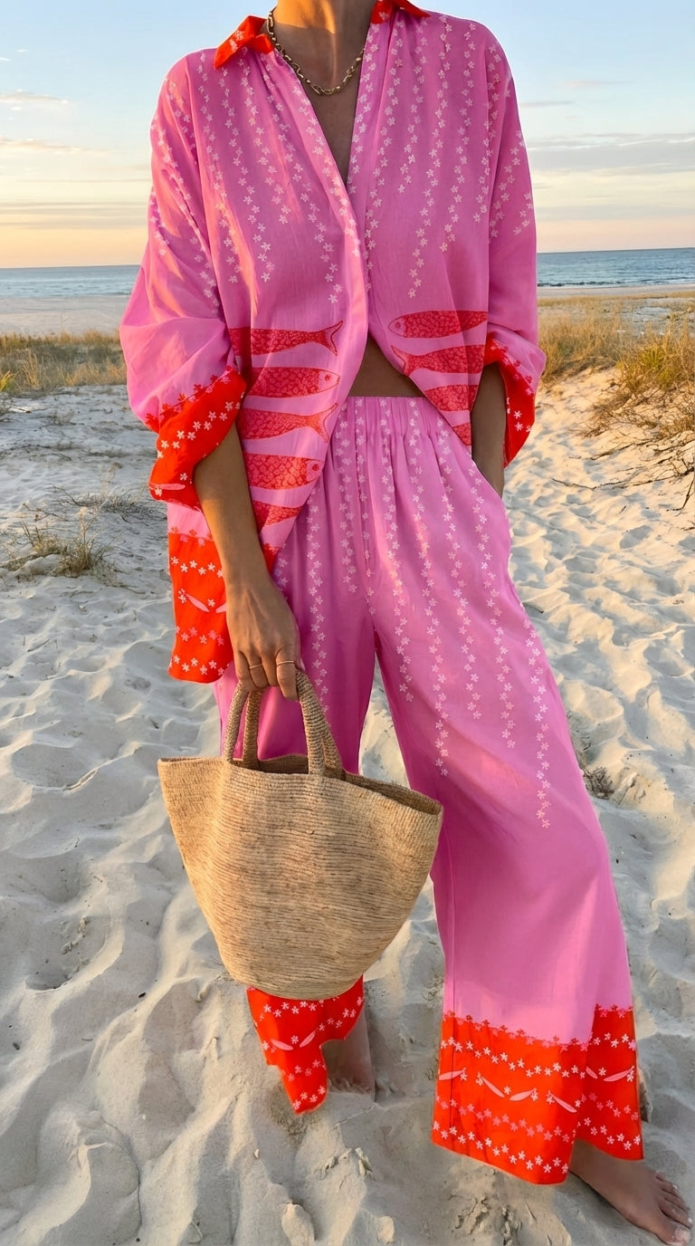 Completo donna estivo camicia e pantaloni palazzo stampa pesci rosa fucsia | Vulcano