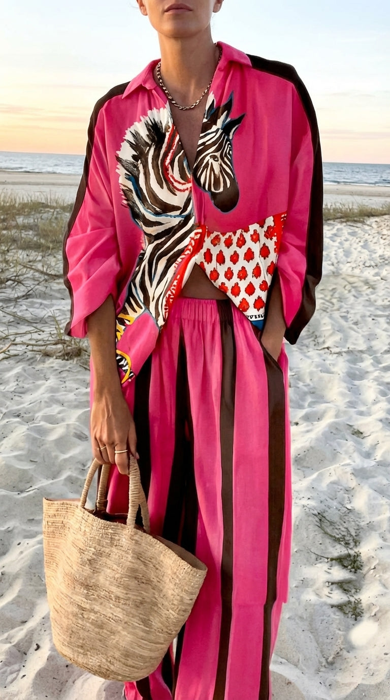 Completo Donna Estivo Camicia e Pantaloni Palazzo Rosa Fucsia | Panarea
