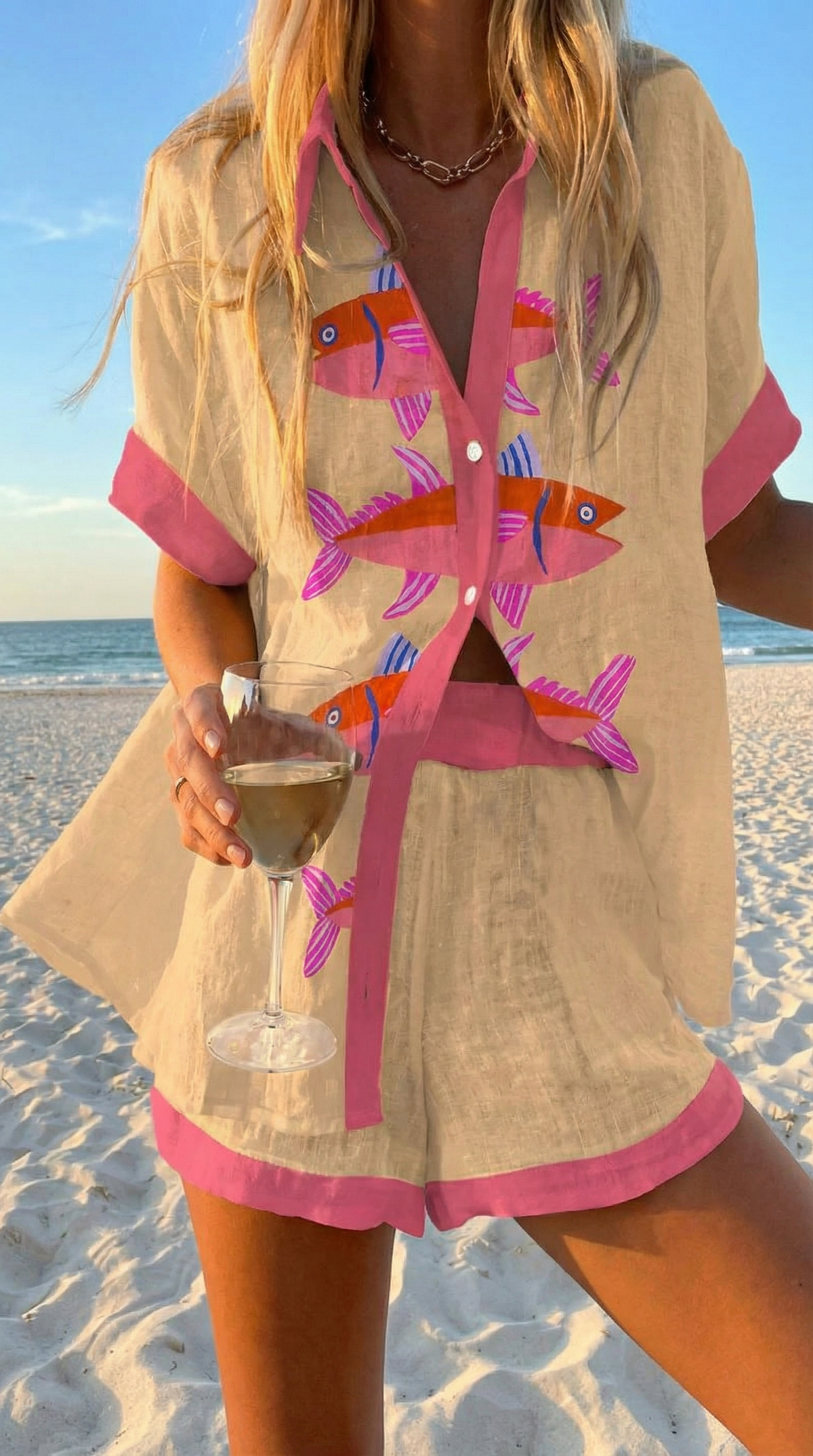 Completo Donna Estivo Camicia e Shorts Stampa Pesci Bordura Rosa | Terracina
