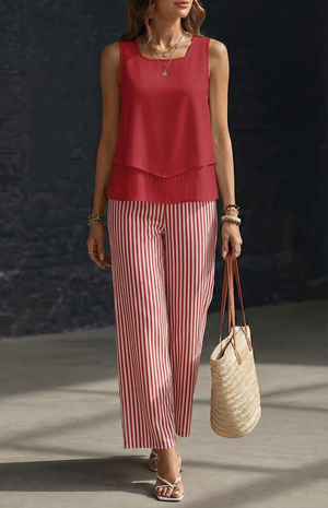 Completo Donna Estivo Top Doppio Strato e Pantaloni a Righe Rosse | Viareggio