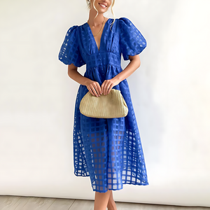 Vestito Midi con Maniche a Sbuffo e Scollo a V