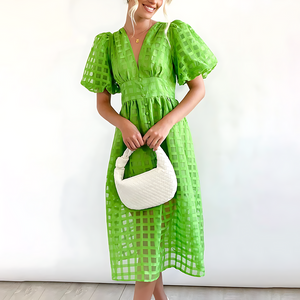Vestito Midi con Maniche a Sbuffo e Scollo a V