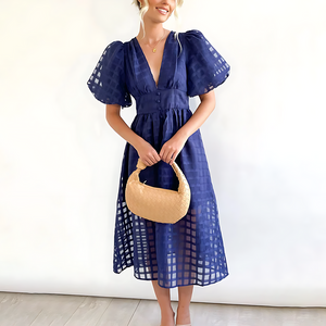 Vestito Midi con Maniche a Sbuffo e Scollo a V