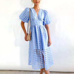 Vestito Midi con Maniche a Sbuffo e Scollo a V