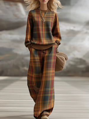 Completo Donna a Quadri con Maglia Girocollo e Pantaloni Palazzo – Stile Tartan ed Eleganza Autunnale – Rebecca
