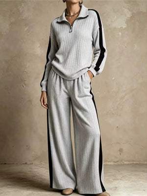 Completo Donna a Coste con Pullover Mezza Zip e Pantaloni Palazzo – Righe a Contrasto e Comfort – Greta