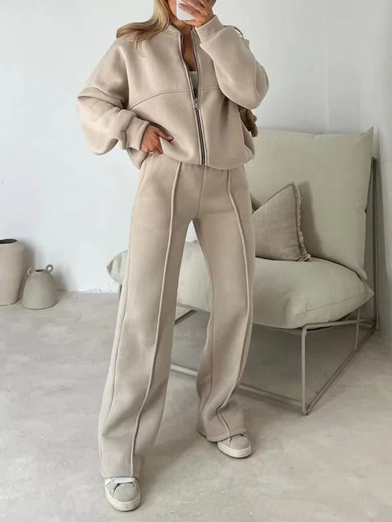 Completo Donna con Giacca Oversize con Zip e Pantaloni a Gamba Larga – Eleganza Casual e Comfort – Bianca