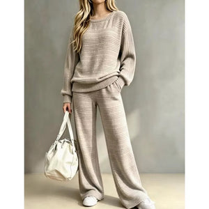 Completo Donna in Maglia Lavorata con Maglione Girocollo e Pantaloni a Gamba Larga – Comfort ed Eleganza – Camilla