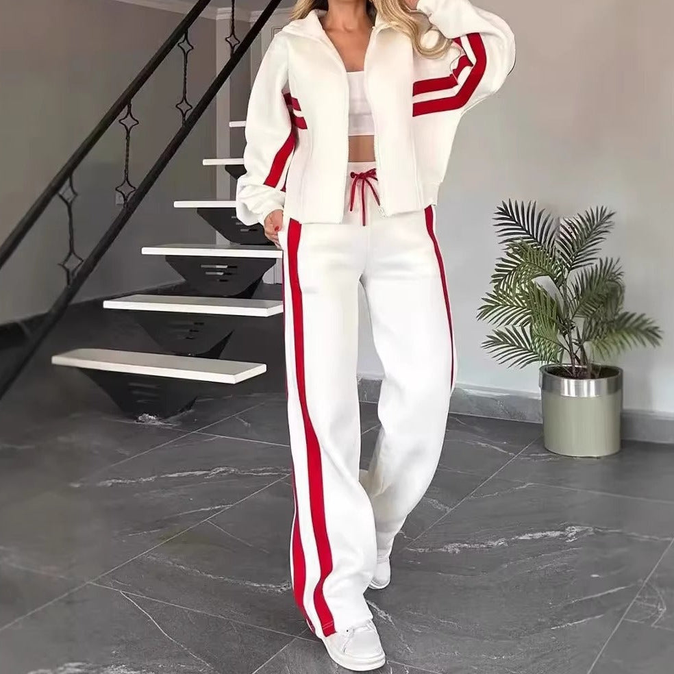 Completo Donna Sportivo con Felpa con Cappuccio e Pantaloni a Gamba Larga – Righe a Contrasto e Comfort – Federica