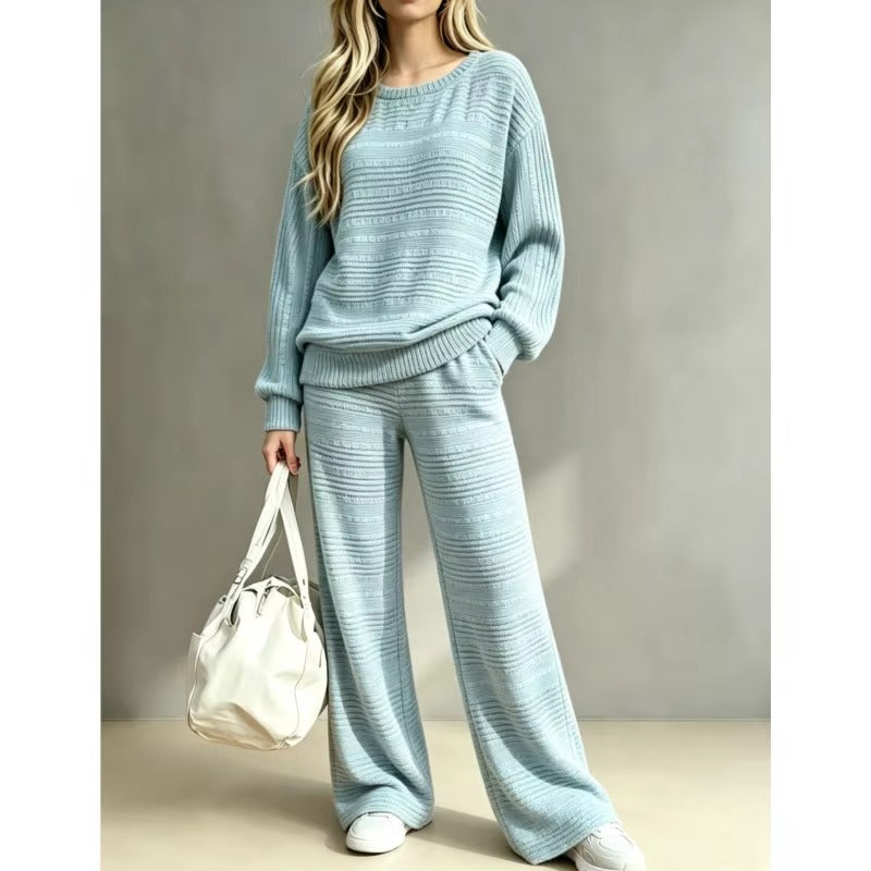 Completo Donna in Maglia Lavorata con Maglione Girocollo e Pantaloni a Gamba Larga – Comfort ed Eleganza – Camilla
