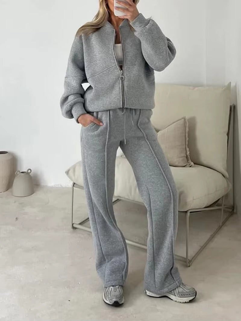 Completo Donna con Giacca Oversize con Zip e Pantaloni a Gamba Larga – Eleganza Casual e Comfort – Bianca