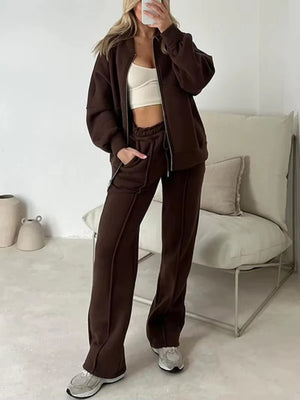 Completo Donna con Giacca Oversize con Zip e Pantaloni a Gamba Larga – Eleganza Casual e Comfort – Bianca