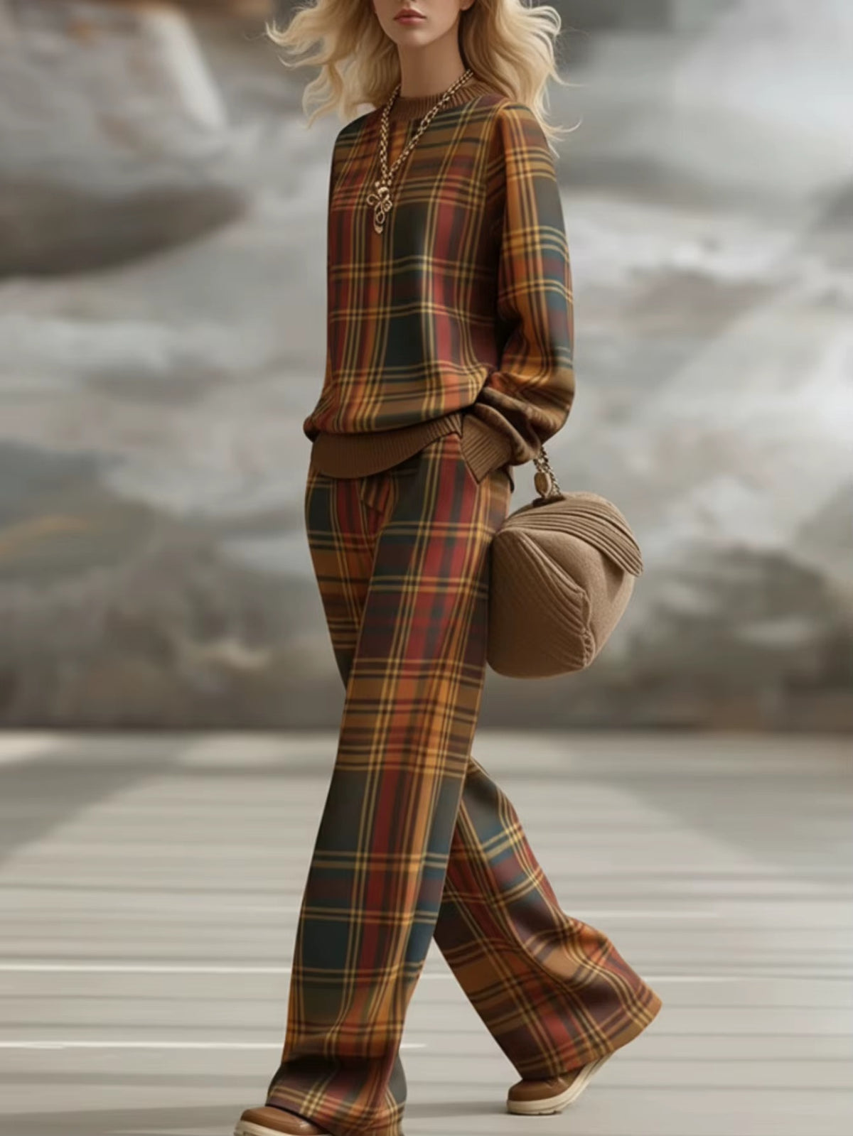 Completo Donna a Quadri con Maglia Girocollo e Pantaloni Palazzo – Stile Tartan ed Eleganza Autunnale – Rebecca