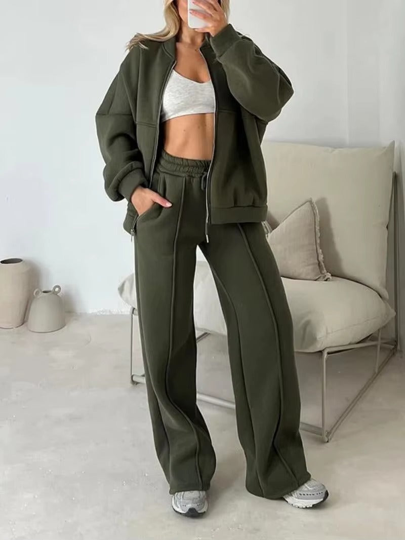 Completo Donna con Giacca Oversize con Zip e Pantaloni a Gamba Larga – Eleganza Casual e Comfort – Bianca