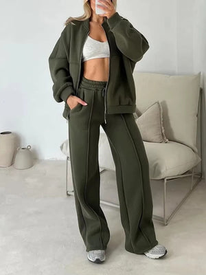 Completo Donna con Giacca Oversize con Zip e Pantaloni a Gamba Larga – Eleganza Casual e Comfort – Bianca