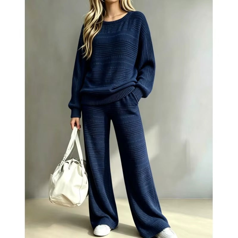 Completo Donna in Maglia Lavorata con Maglione Girocollo e Pantaloni a Gamba Larga – Comfort ed Eleganza – Camilla
