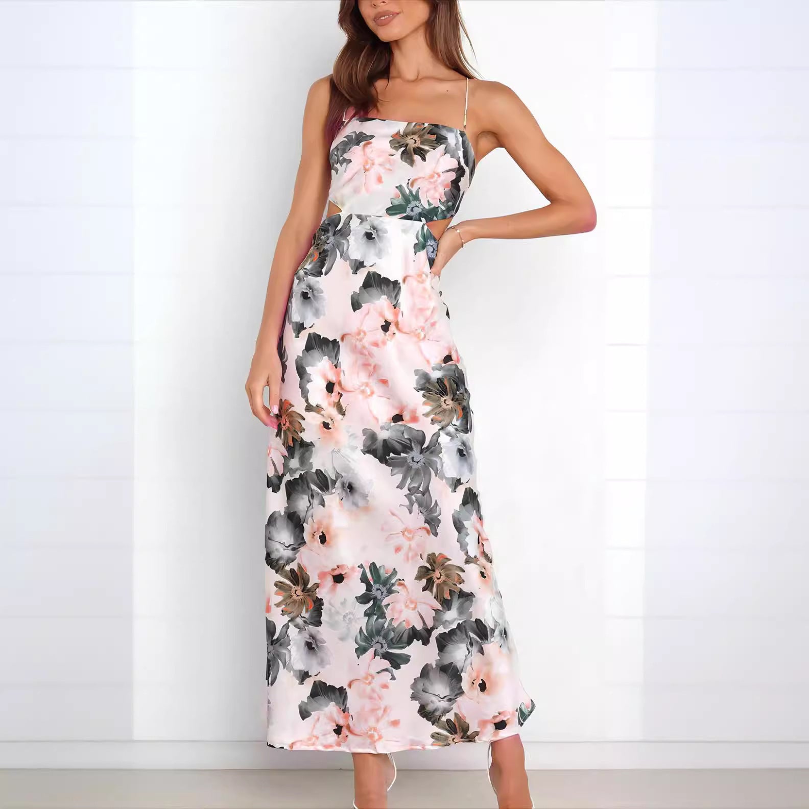 Vestito Lungo Satinato Stampa Floreale