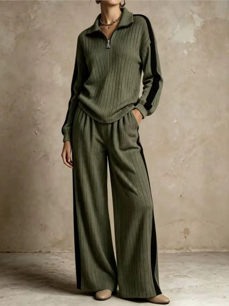 Completo Donna a Coste con Pullover Mezza Zip e Pantaloni Palazzo – Righe a Contrasto e Comfort – Greta