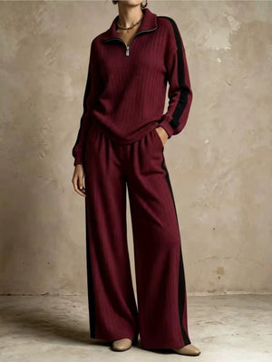 Completo Donna a Coste con Pullover Mezza Zip e Pantaloni Palazzo – Righe a Contrasto e Comfort – Greta