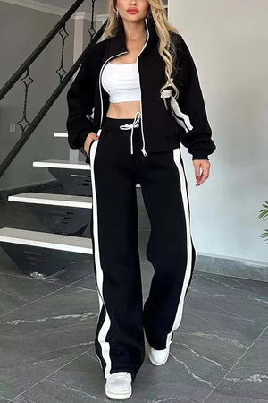 Completo Donna Sportivo con Felpa con Cappuccio e Pantaloni a Gamba Larga – Righe a Contrasto e Comfort – Federica