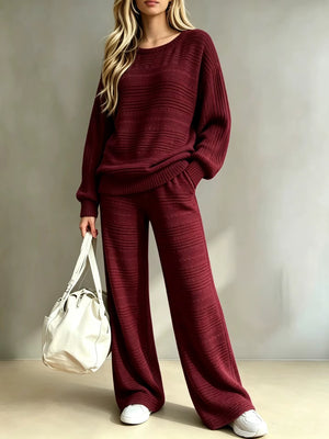 Completo Donna in Maglia Lavorata con Maglione Girocollo e Pantaloni a Gamba Larga – Comfort ed Eleganza – Camilla