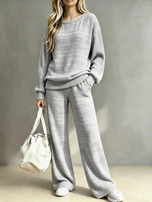 Completo Donna in Maglia Lavorata con Maglione Girocollo e Pantaloni a Gamba Larga – Comfort ed Eleganza – Camilla
