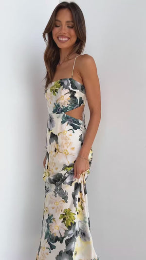 Vestito Lungo Satinato Stampa Floreale