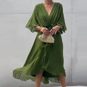 Lena - Vestito Midi Elegante con Cintura e Maniche Ampie