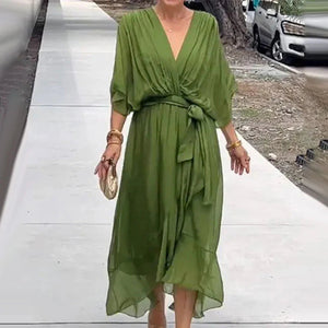 Lena - Vestito Midi Elegante con Cintura e Maniche Ampie