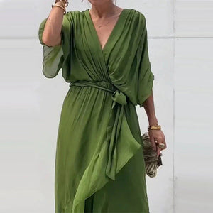 Lena - Vestito Midi Elegante con Cintura e Maniche Ampie