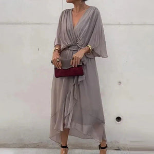 Lena - Vestito Midi Elegante con Cintura e Maniche Ampie