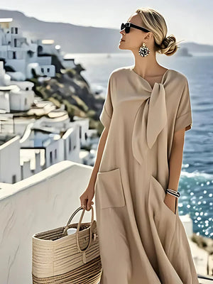 Vestito Lungo Estivo Donna Lino con Nodo Laterale e Tasche Frontali | Praia a Mare